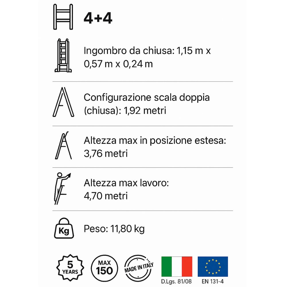 Scala telescopica professionale 4+4 alluminio rinforzato multifunzione en131-4