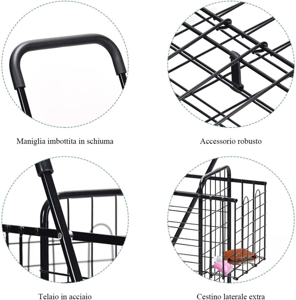 Carrello Portaspesa Pieghevole, Carrello Spesa con Ruote Girevoli a 360 °, Manico Regolabile, 2 Cesti, Capacità di Carico: 20 kg, 58L, 43 x 52 x 89-95 cm (Nero)