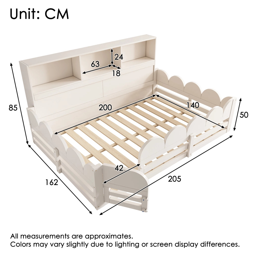 Letto a pavimento per bambini 140x200 cm bianco con sponda; porta e ripiano