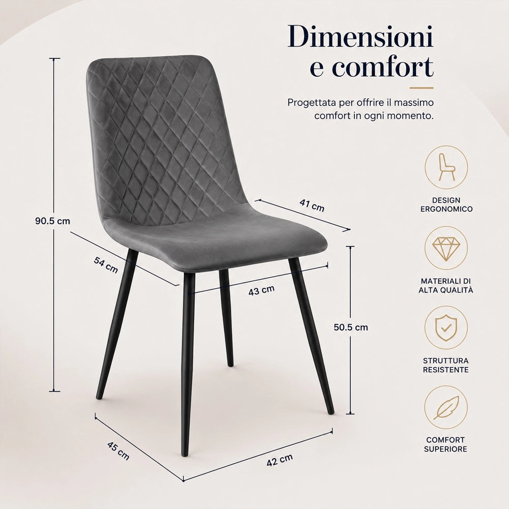 Set 4 Sedie Piedi Neri e Seduta Ergonomica con Rivestimento in Velluto Grigio