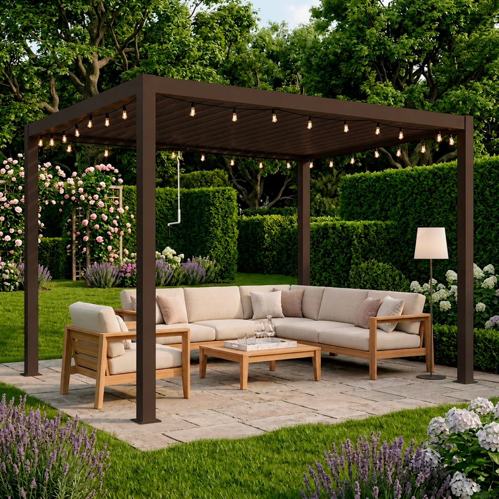 Pergola Bioclimatica 3x4 Metri Gazebo Con Tetto A Lamelle Orientabili Sistema Di Scarico Acqua Struttura In Alluminio E Acciaio Resistente Ai Raggi UV Per Giardino Terrazza E Piscina Marrone Opaco