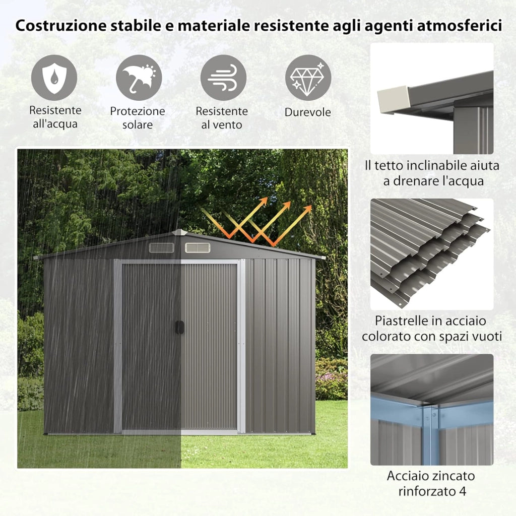 Casetta da Giardino 260 x 207 x 181 cm, Capanni da Esterno con 4 Feritoie, Doppie Porte e Rampa, Capannone Porta Attrezzi in Acciaio Zincato per Giardino e Cortile (Grigio sicuro)