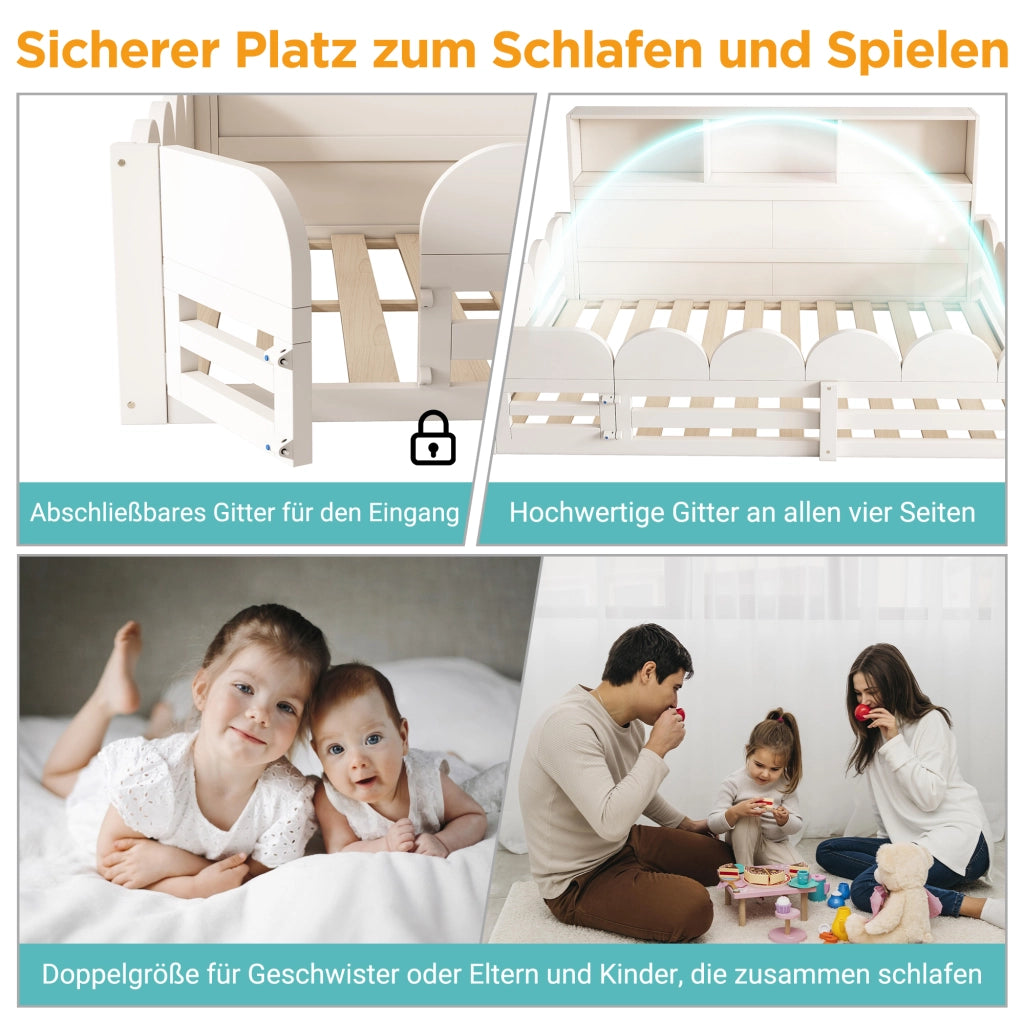Letto a pavimento per bambini 140x200 cm bianco con sponda; porta e ripiano