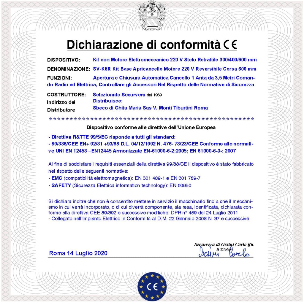 Apricancello Elettrico Anta 3,5 Metri Automatismo 1 Motore Elettromeccanico 230 V Stelo Retrattile Reversibile Corsa 600 mm Spinta 250 Kg Centrale 2 Coppie Fotocellule 2 Radiocomandi Faro Selettore