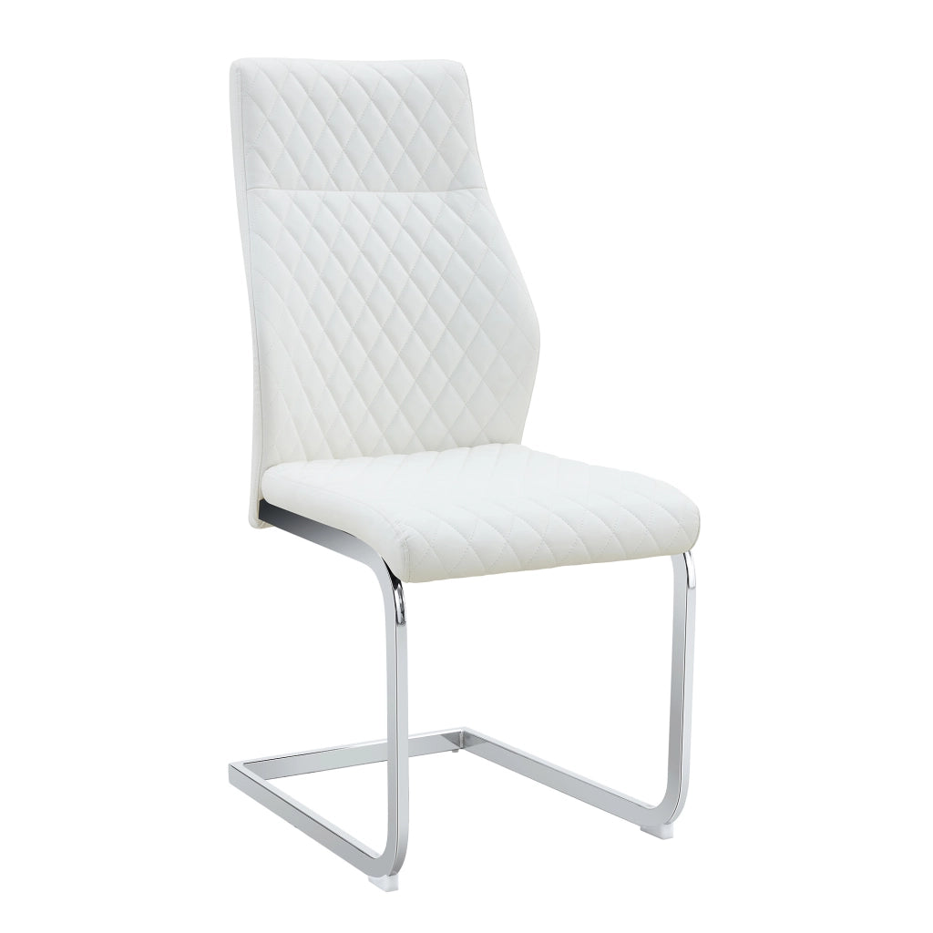 Set di 2 sedie da pranzo con schienale alto trapuntato; pelle PU bianca e metallo argento