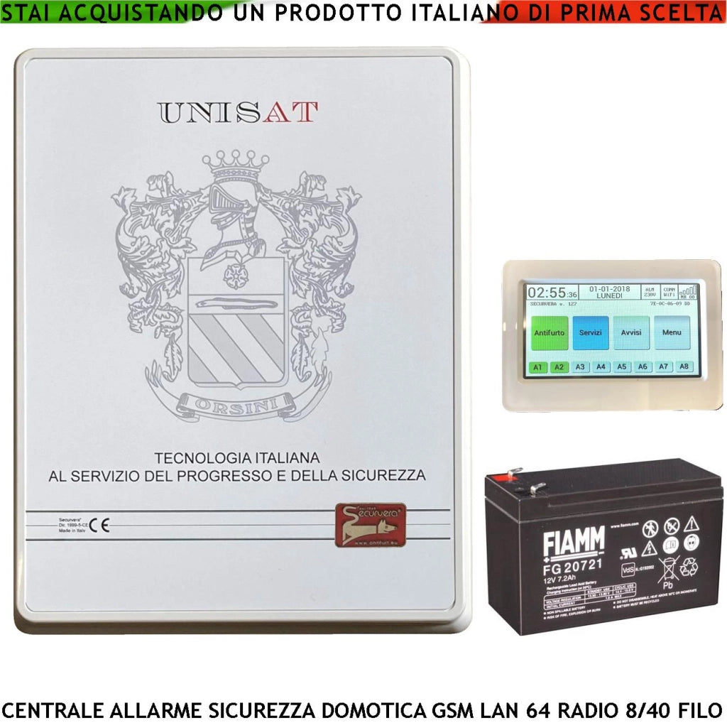 Centrale Antifurto Filo Esistente Sostituire Con Unisat 8 Zone Optional 40 Gestita Chiave RFID Radiocomando 868MHz da APP 8 Aree 50 Utenti Funzioni Programmabili Domotica GSM/GPRS LAN Batteria 12V 7Ah