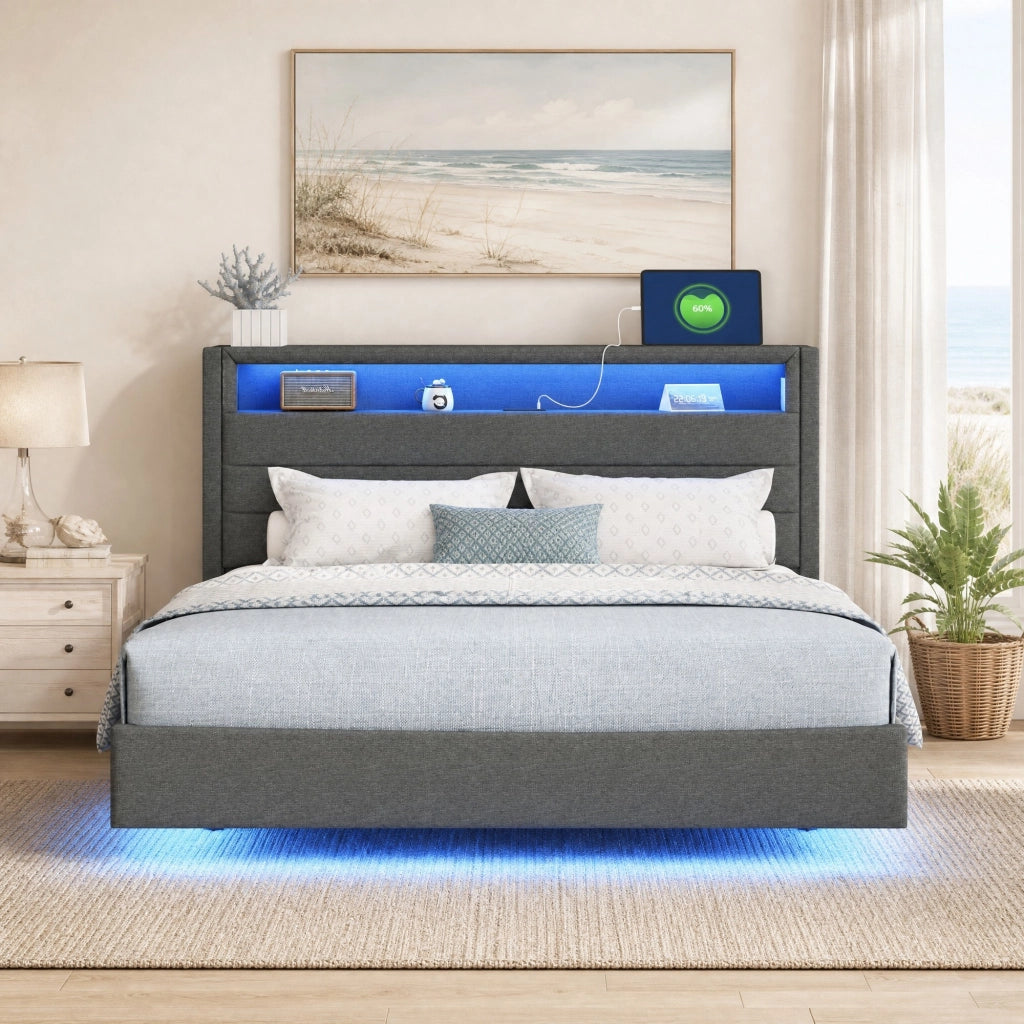 Letto imbottito grigio 140 x 200 cm con USB e luci LED