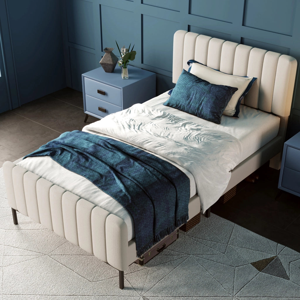 Letto singolo imbottito 90x200 cm con testiera regolabile; struttura in lino grigio-beige