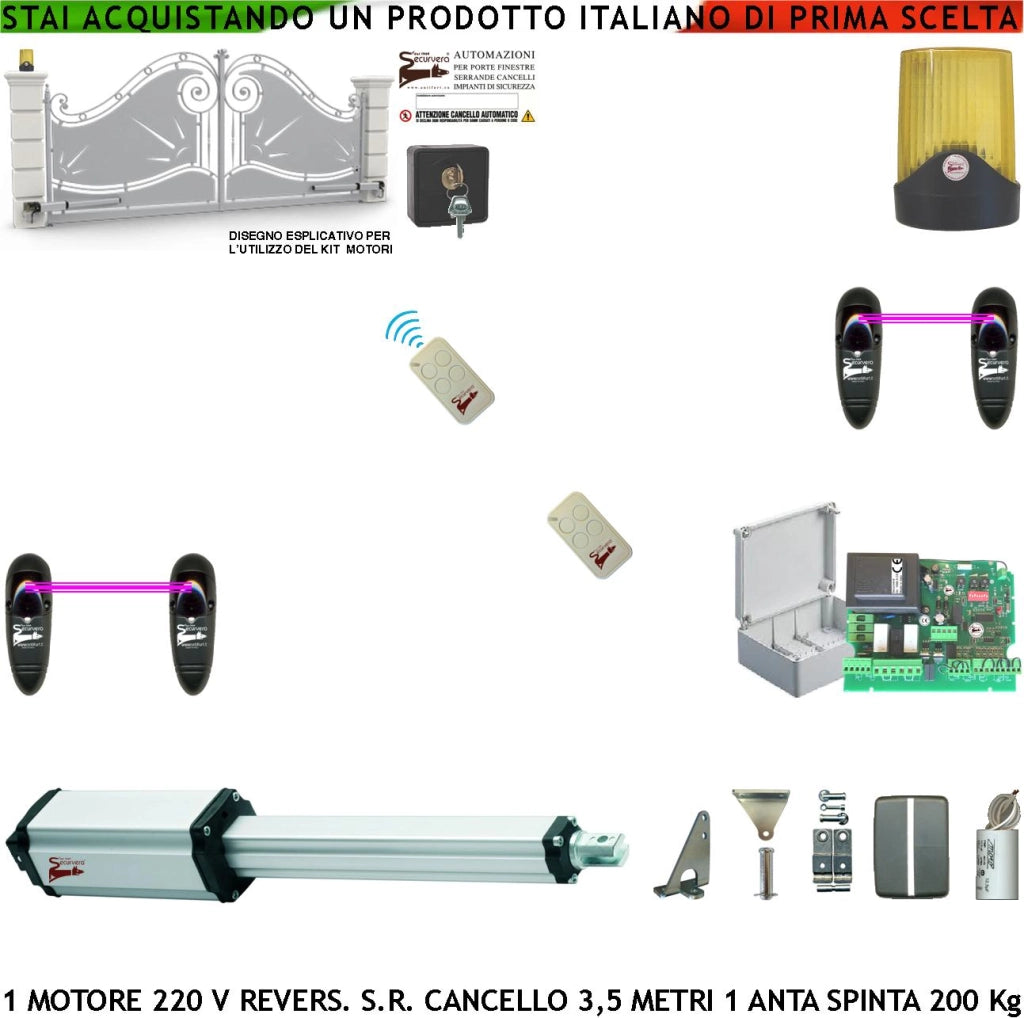 Apricancello Elettrico Anta 3,5 Metri Automatismo 1 Motore Elettromeccanico 230 V Stelo Retrattile Reversibile Corsa 600 mm Spinta 250 Kg Centrale 2 Coppie Fotocellule 2 Radiocomandi Faro Selettore