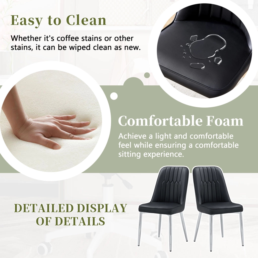 Sedia da pranzo moderna in PU nero con gambe in metallo color argento; altezza 89 cm