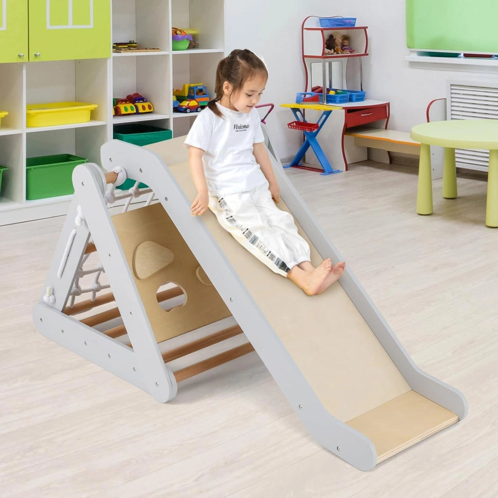 Set 4 in1 Arrampicata per Bambini, Arrampicata a Triangolo con Scivolo, Set di Arrampicata in Legno per Interni e Esterni con Rete di Arrampicata, Carico 50kg, 1 Anni+ (Grigio)