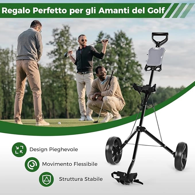 Carrello da Golf Pieghevole con 2 Ruote, Carrello da Golf in Ferro con Tabellone Segnapunti, 140 x 63,5 x 113 cm, Nero(Nero)
