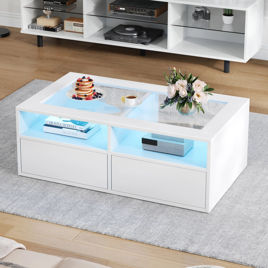 Tavolino da salotto con LED; 2 cassetti e vani aperti; 100 x 50 x 35 cm; bianco