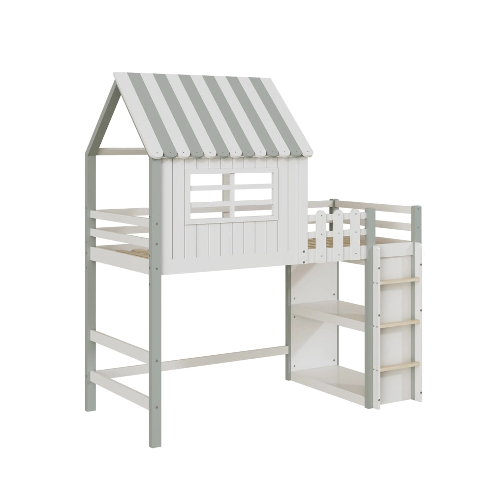 Letto per bambini a casetta verde 90 x 200 cm con scala e rete