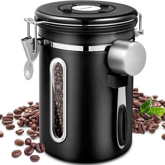 Contenitore per Caffè - Contenitore di Stoccaggio per Caffè con Uscita CO2 - Contenitore per Caffè - Aria Stagnante - con Cucchiaio in Acciaio Inossidabile - con Tracciamento della Data - 1,8L - per Caffè, Caffè in Grani, Tè, Zucchero, ecc