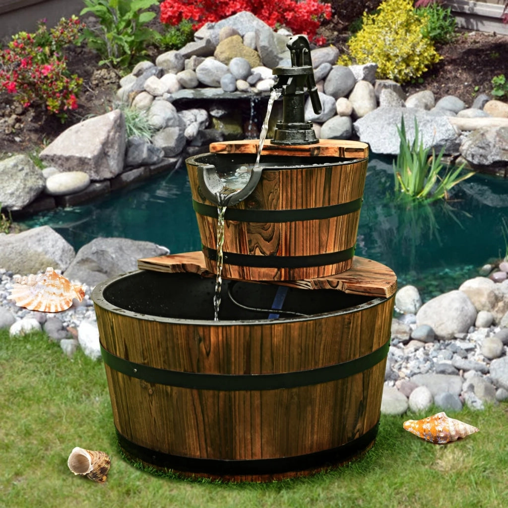 Fontana da giardino a cascata con pompa regolabile in abete carbonizzato e ferro verniciato a polvere, resistente e facile da montare per uso esterno