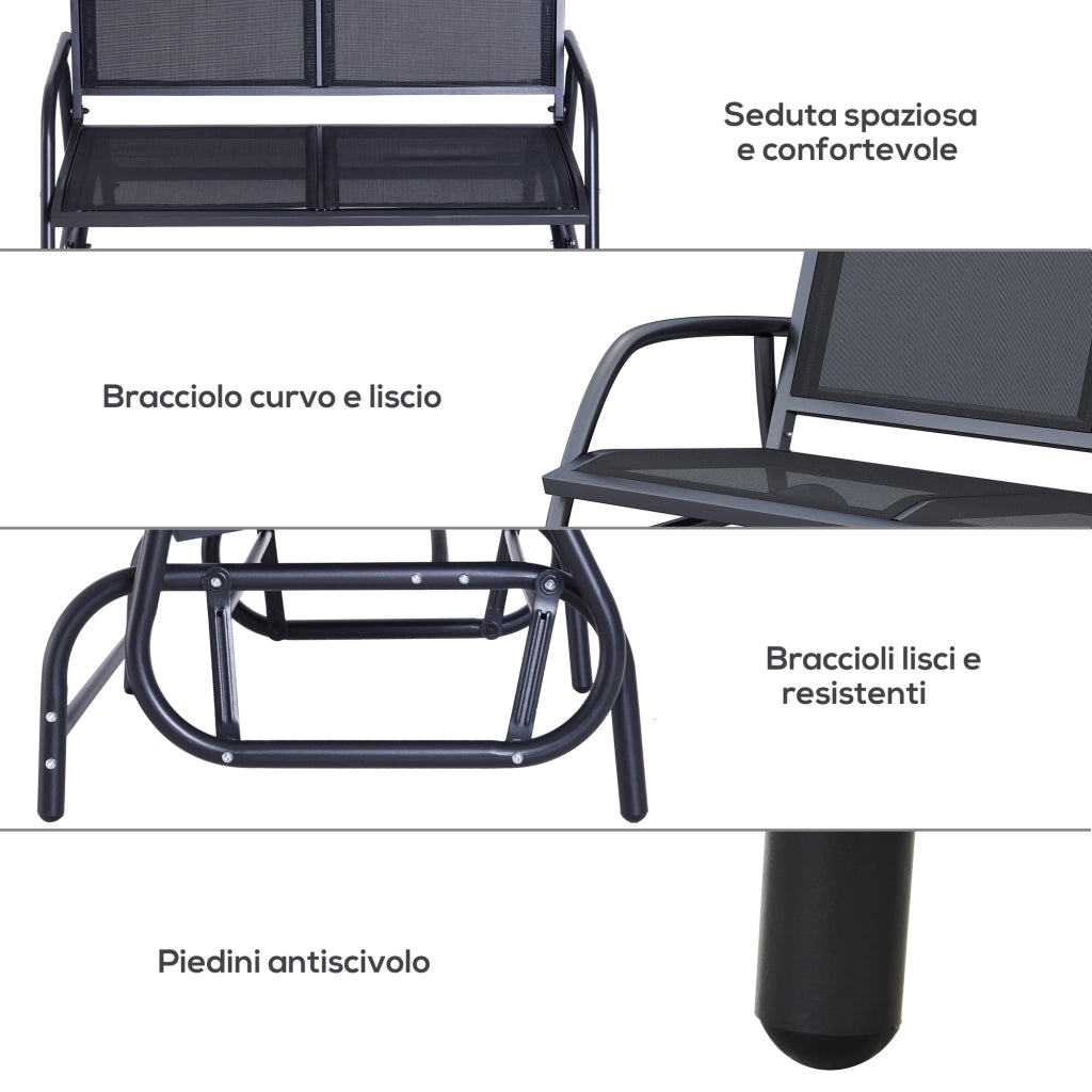 Panchina Dondolo 2 Posti da Giardino ¨C Xylo ¨C Metallo Nero Tessuto a Rete 120x70x85cm