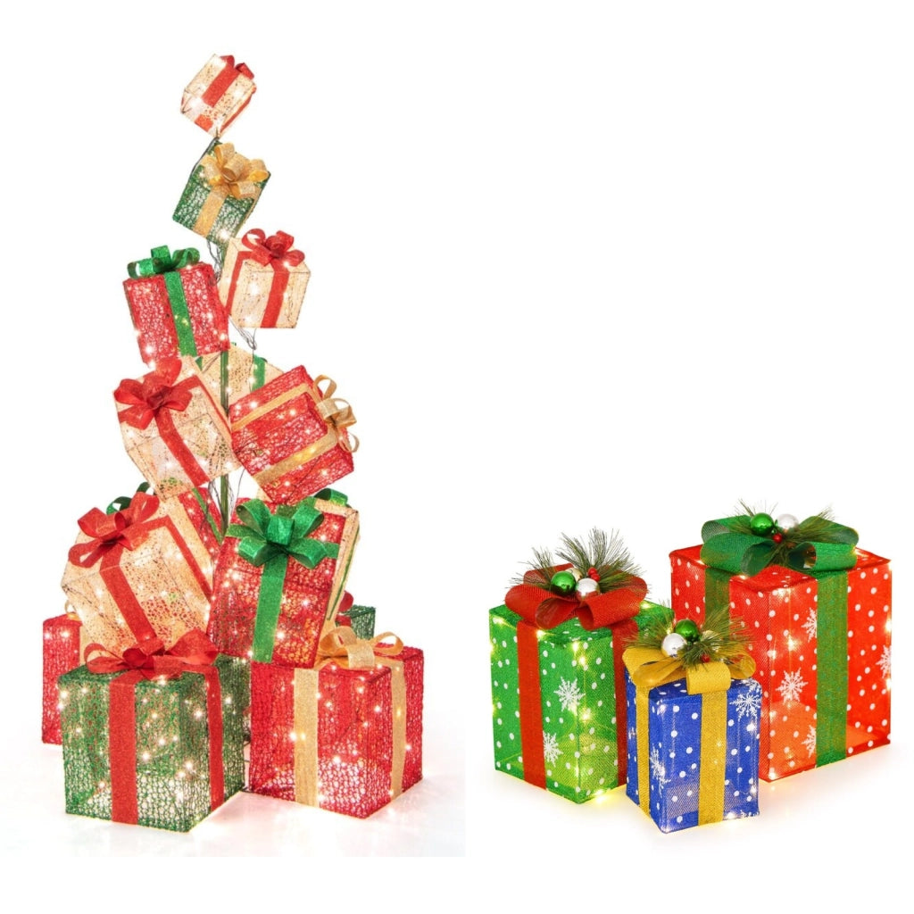 Torre di scatole regalo e 3 decorazioni scatola regalo di natale, Scatole regalo pre-illuminate impilate e set di scatole regalo illuminate