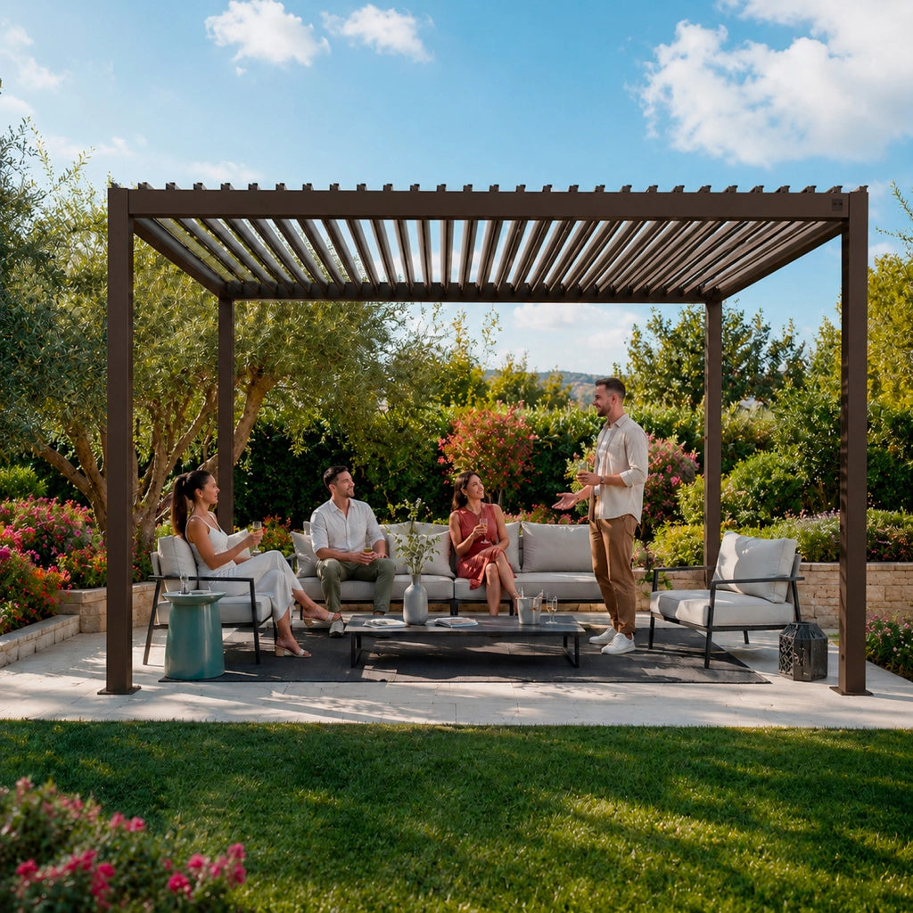 Pergola Bioclimatica 3x4 Metri Gazebo Con Tetto A Lamelle Orientabili Sistema Di Scarico Acqua Struttura In Alluminio E Acciaio Resistente Ai Raggi UV Per Giardino Terrazza E Piscina Marrone Opaco