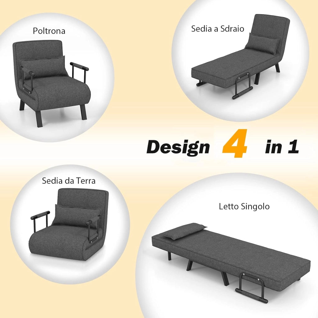4 in 1 Poltrona Letto Singolo, Poltroncina Pieghevole con Schienale Regolabile in 6 Posizioni, Sedile Imbottito Robusto, Divano Letto per Casa Ufficio, 79x65x79 cm (Grigio scuro)
