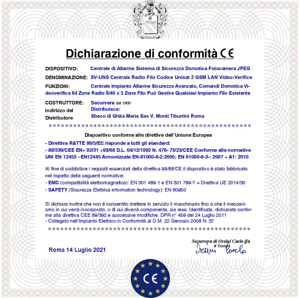 Centrale Antifurto Filo Esistente Sostituire Con Unisat 8 Zone Optional 40 Gestita Chiave RFID Radiocomando 868MHz da APP 8 Aree 50 Utenti Funzioni Programmabili Domotica GSM/GPRS LAN Batteria 12V 7Ah