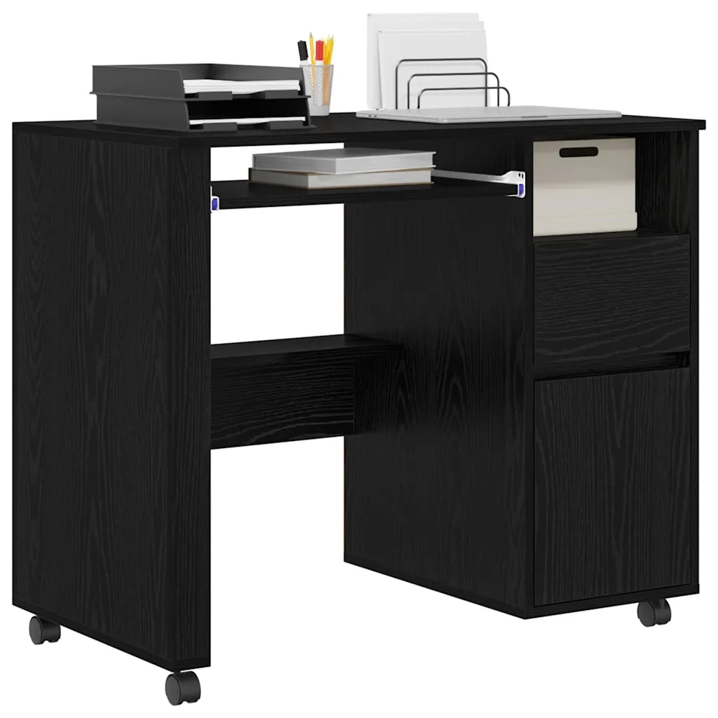 Scrivania | Tavolo da Ufficio con Ruote con cassetto Rovere Nero 91 x 50 x 77 cm