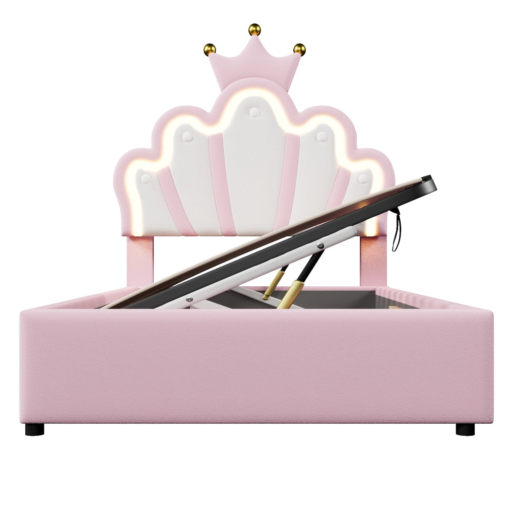 OKWISH Letto Bambini 90×200 cm, Letto Singolo con Contenitore Idraulico, LED Multicolore e Testiera Regolabile, senza Materasso, Rosa