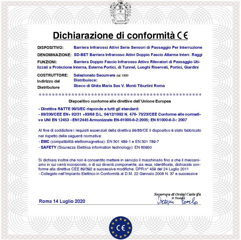 Sensore Passaggio Estranei 4 Pezzi Barriera Infrarossi Attivi Doppio Fascio Orientabile Segnala Allarme Intruso Protezione Lineare Portata 60 MT Interno 30 MT Esterno Collegamento Filare Aliment. 12 V