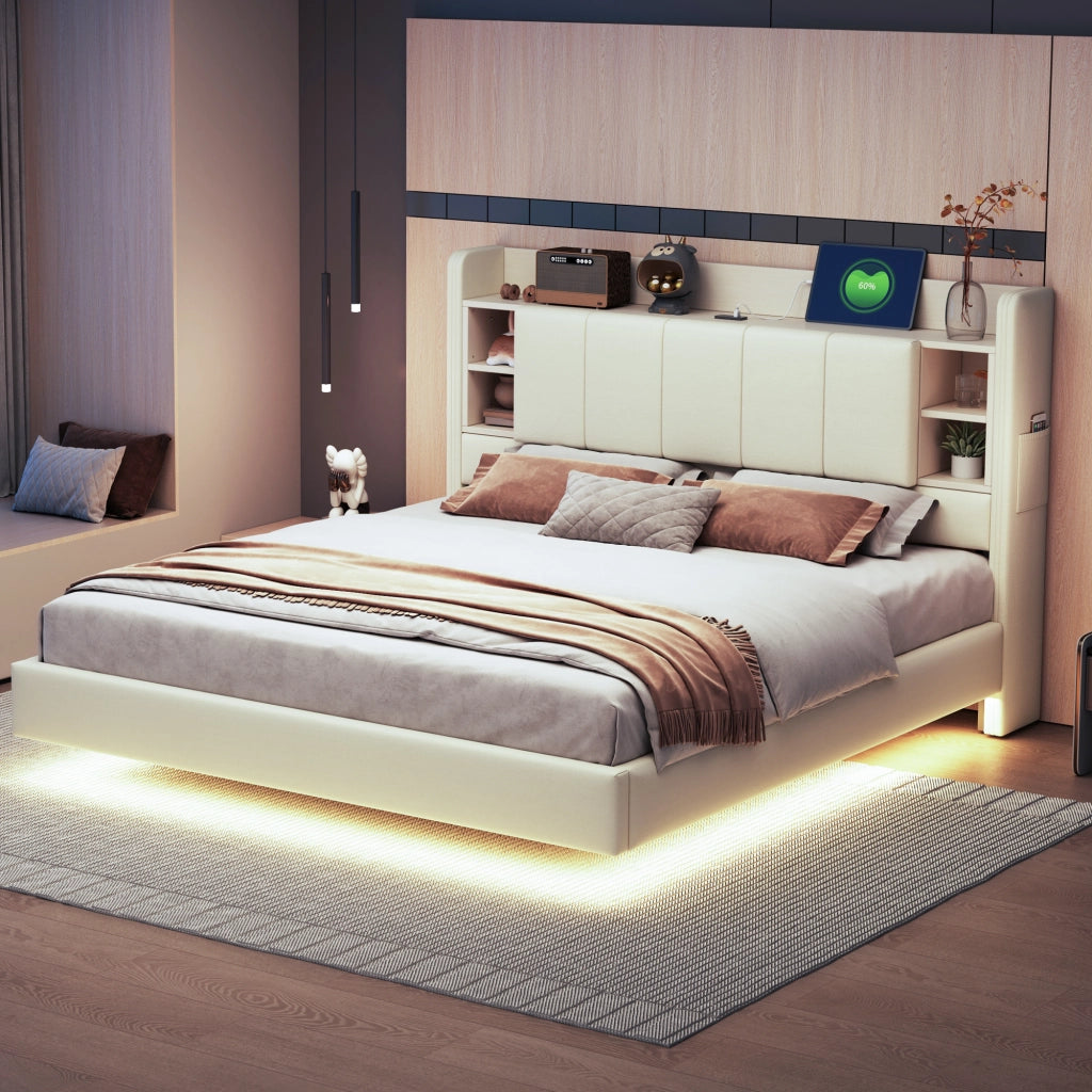 OKWISH Letto Imbottito 160×200 cm, Letto Matrimoniale con USB, LED Regolabile e Mensole, senza Materasso, in Tessuto, Beige