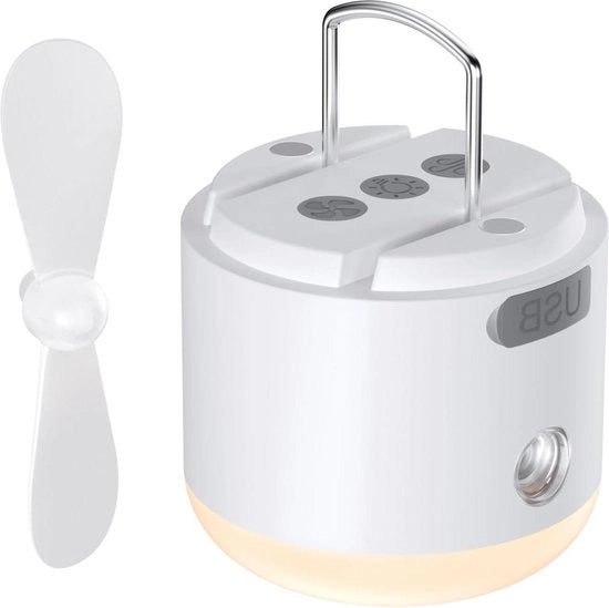 Lanterna da campeggio multifunzionale con ventilatore e umidificatore - ricaricabile - 4 modalità di illuminazione - 2 modalità di vento - attacco da parete