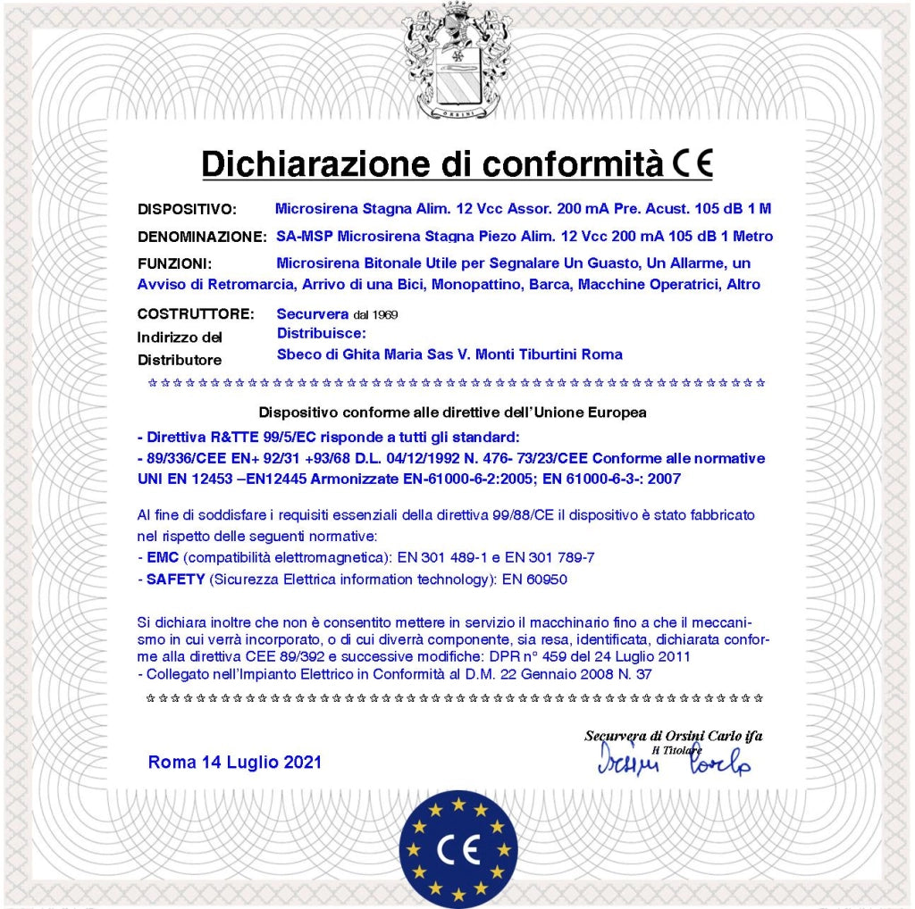 Segnalazione Allarme Sirena Piezo Stagna 10 Pezzi 12 Vcc Assorbimento 200 mA Pressione Acustica 105 dB a 1 Metro Frequenza 1500/4000 Hz Utile Allarme Furto Auto Moto Bici Retromarcia Staffa Fissaggio